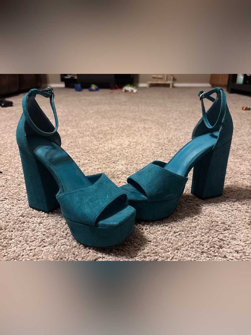 Open Edit Teal Suede Platform Block Heels with Ankle Strap